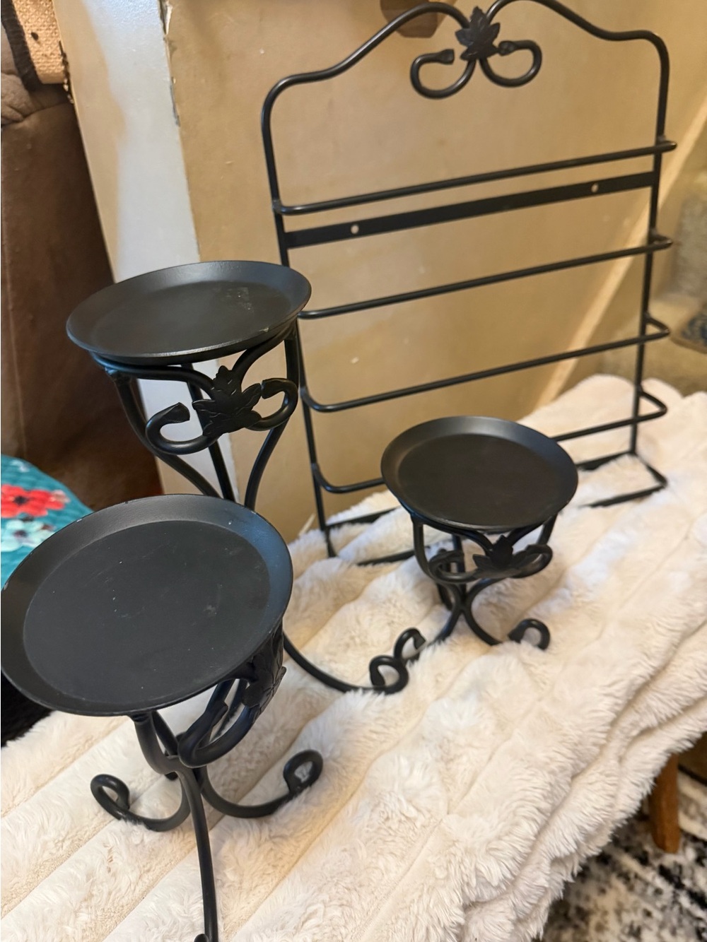 Longberger wrought iron magazine rack & Decorative Pedestal Candle Holders!